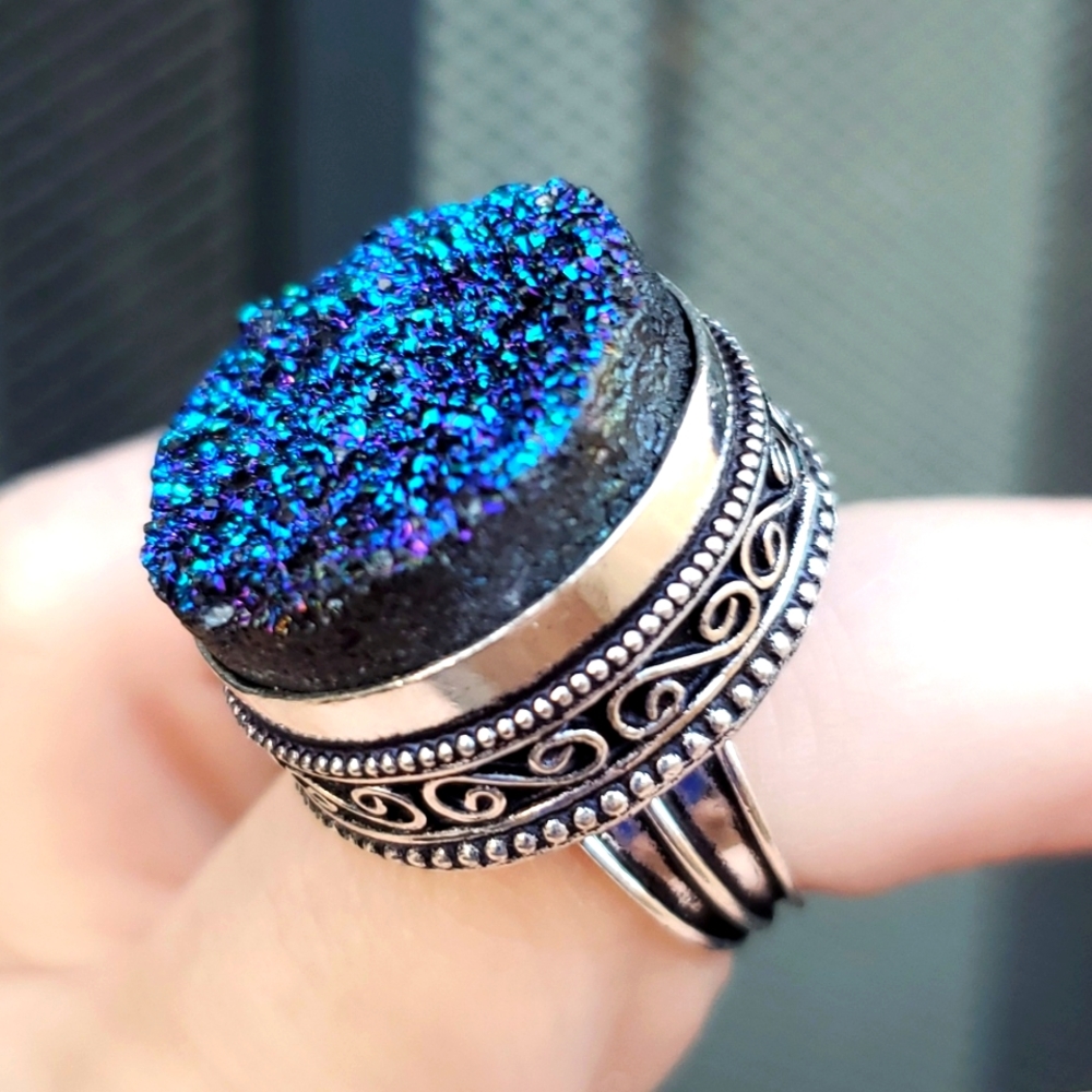 New Blue Titanium Crystal Druzy 925 Silver Ring.